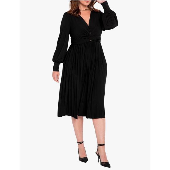 Eloquii Knot Front Pleated Skirt Dress Black Stretch Jersey Knit Long Sleeve 18 - Picture 1 of 17